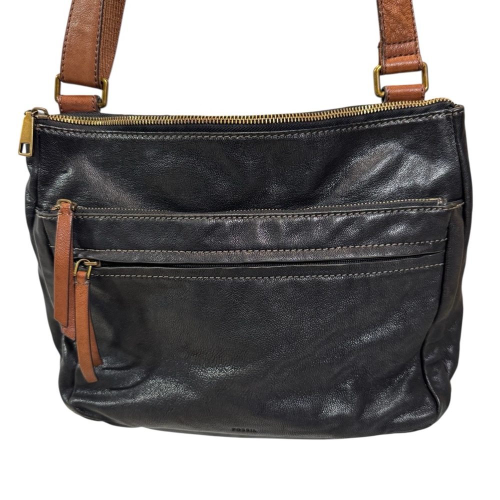 Fossil Vintage Corey Black Leather‎ Crossbody Bag Y2K Brown Adjustable Strap